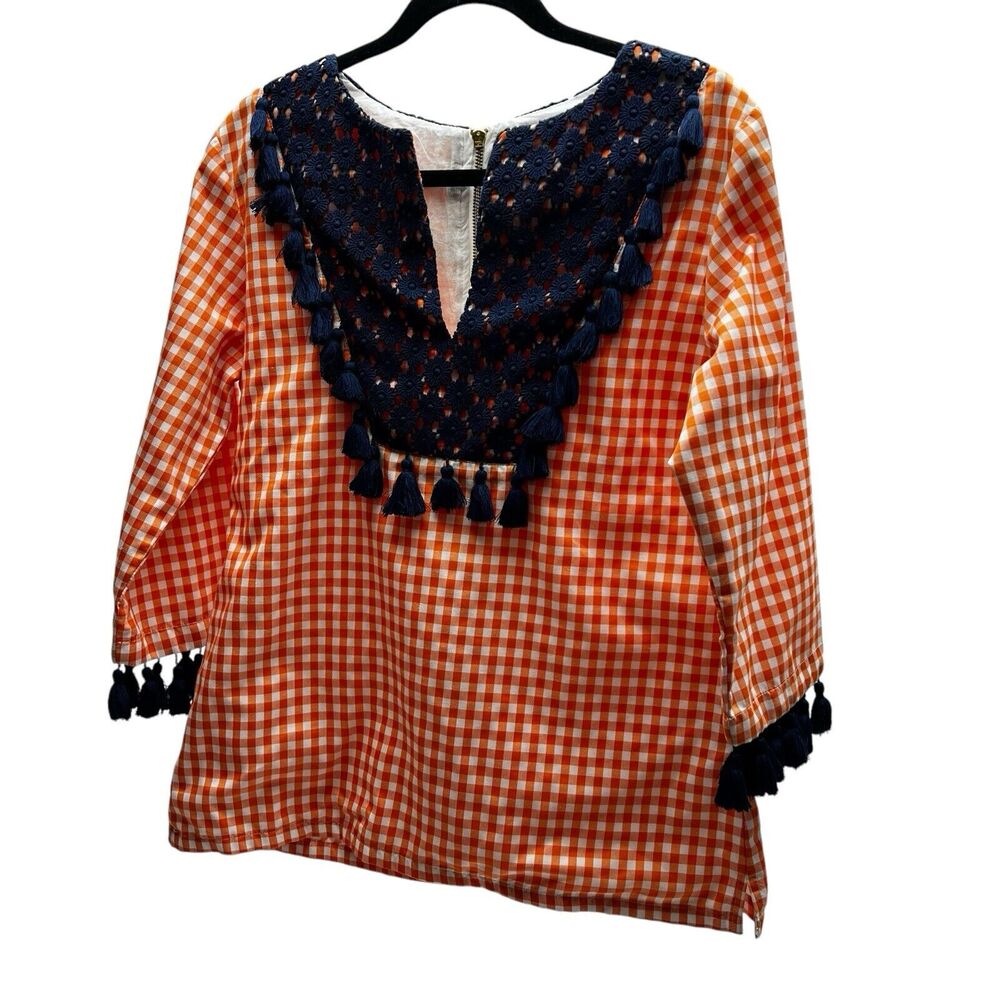 Elizabeth Wilson Designs Lucy Top Size Small Orange White Gingham Tassels